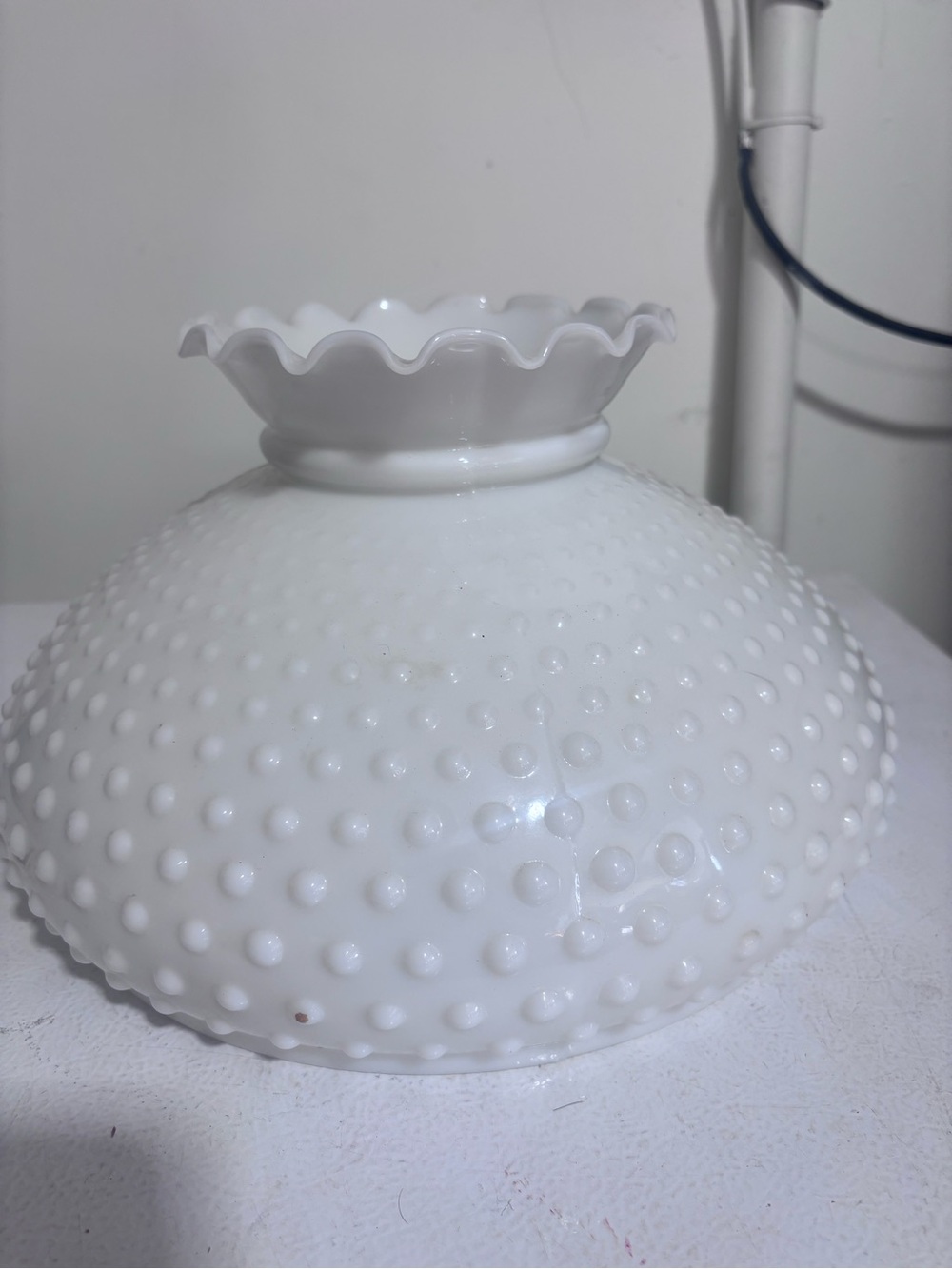 Vintage white Milkglass hobnail hurricane lampshade 12” ruffled scalloped globe